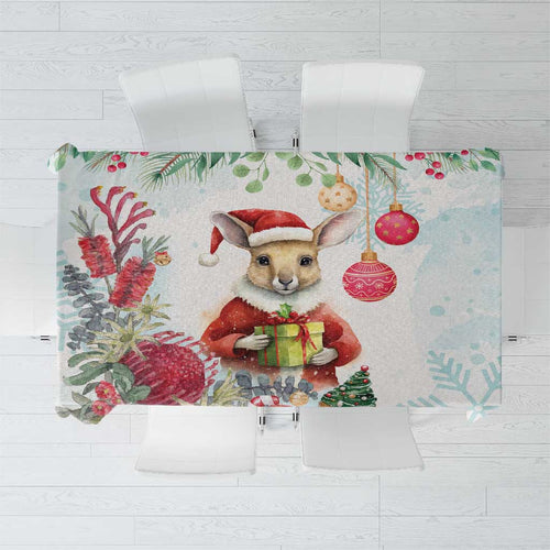 Australia Christmas Tablecloth Kangaroo Santa With Aussie Flower - Watercolor