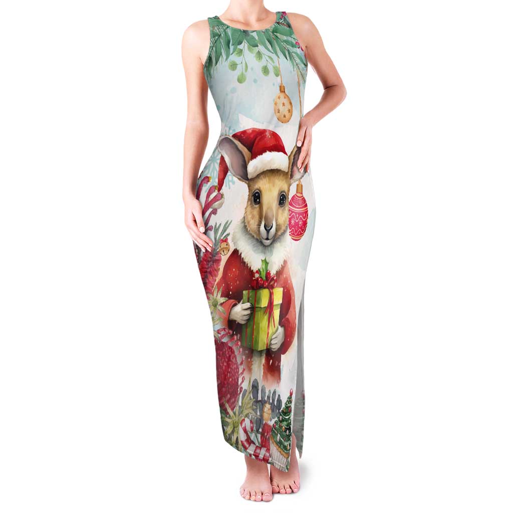 Australia Christmas Tank Maxi Dress Kangaroo Santa With Aussie Flower - Watercolor
