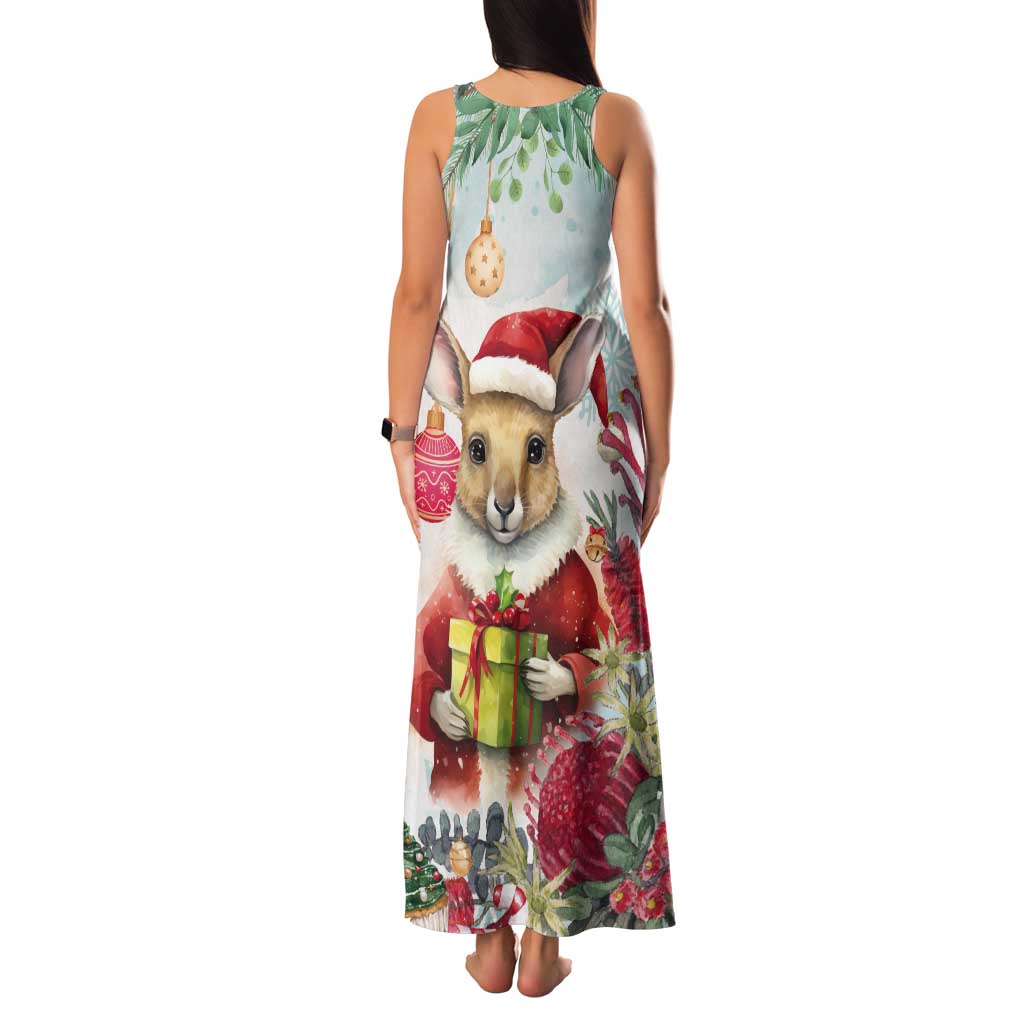 Australia Christmas Tank Maxi Dress Kangaroo Santa With Aussie Flower - Watercolor