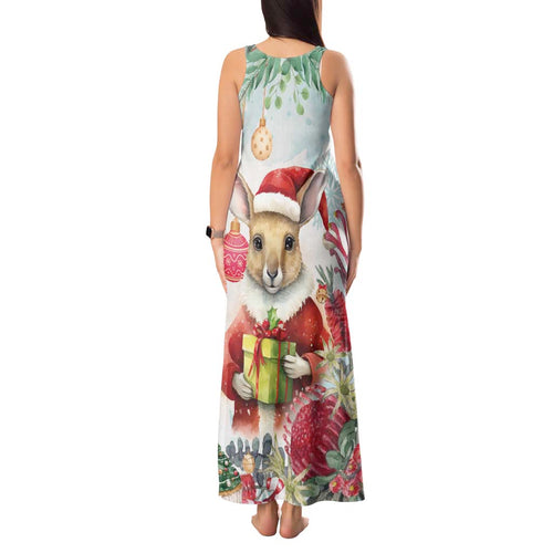 Australia Christmas Tank Maxi Dress Kangaroo Santa With Aussie Flower - Watercolor