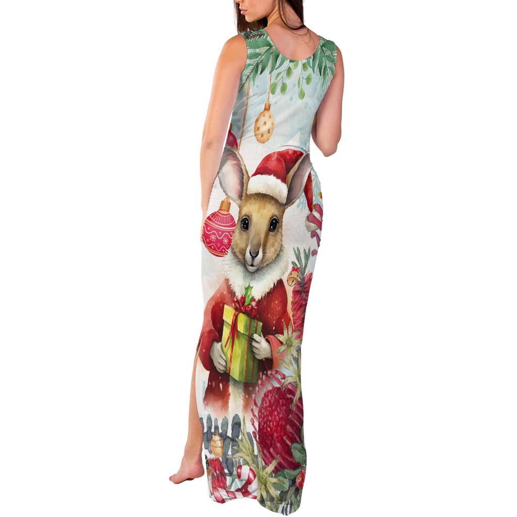 Australia Christmas Tank Maxi Dress Kangaroo Santa With Aussie Flower - Watercolor