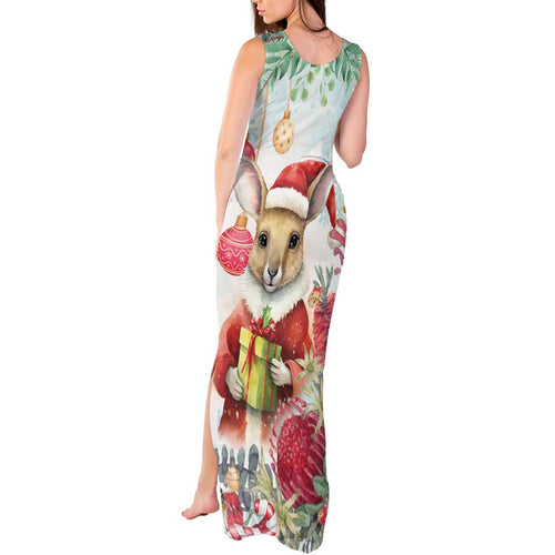 Australia Christmas Tank Maxi Dress Kangaroo Santa With Aussie Flower - Watercolor