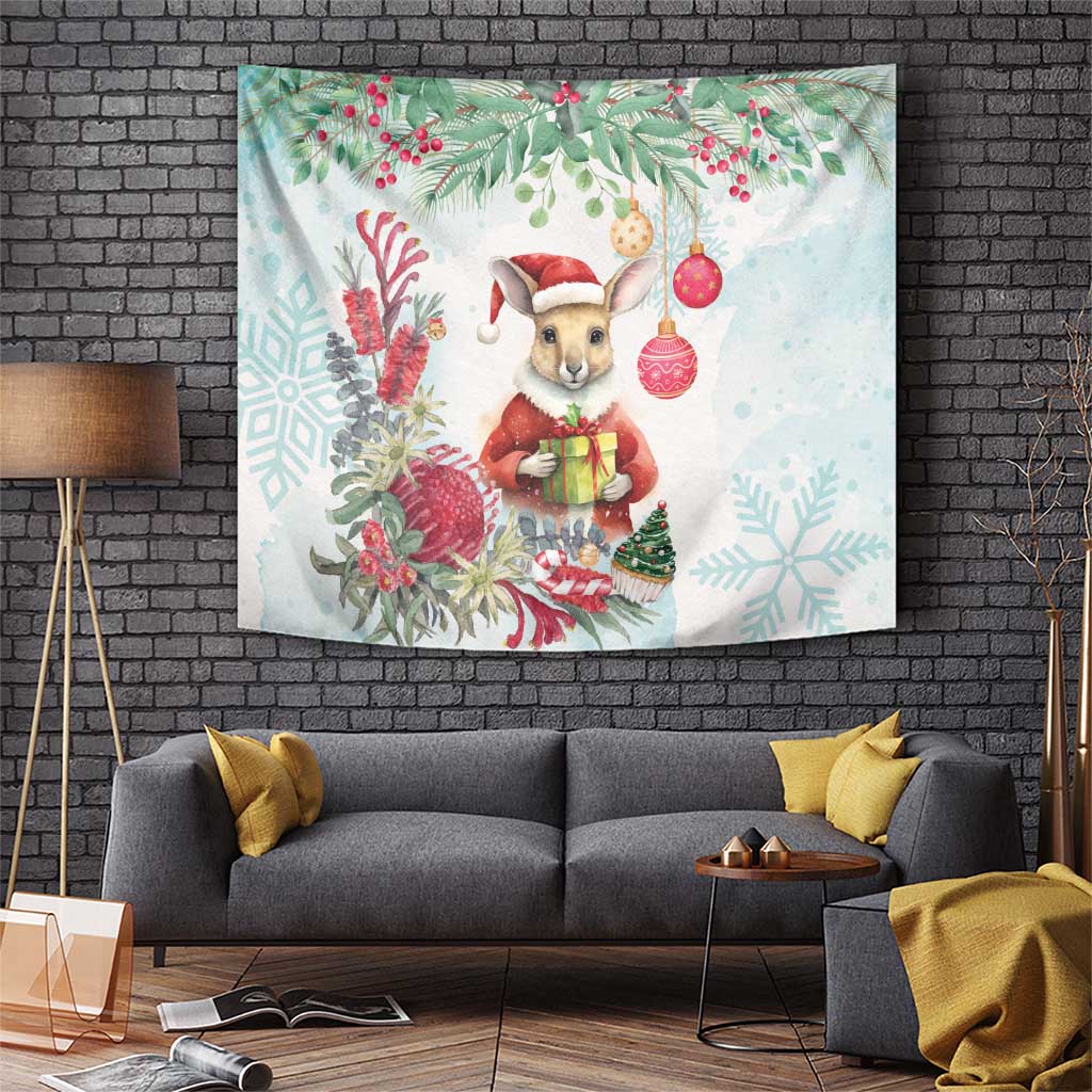 Australia Christmas Tapestry Kangaroo Santa With Aussie Flower - Watercolor
