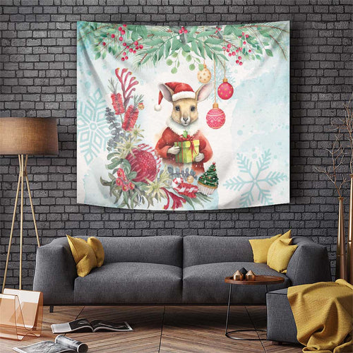 Australia Christmas Tapestry Kangaroo Santa With Aussie Flower - Watercolor