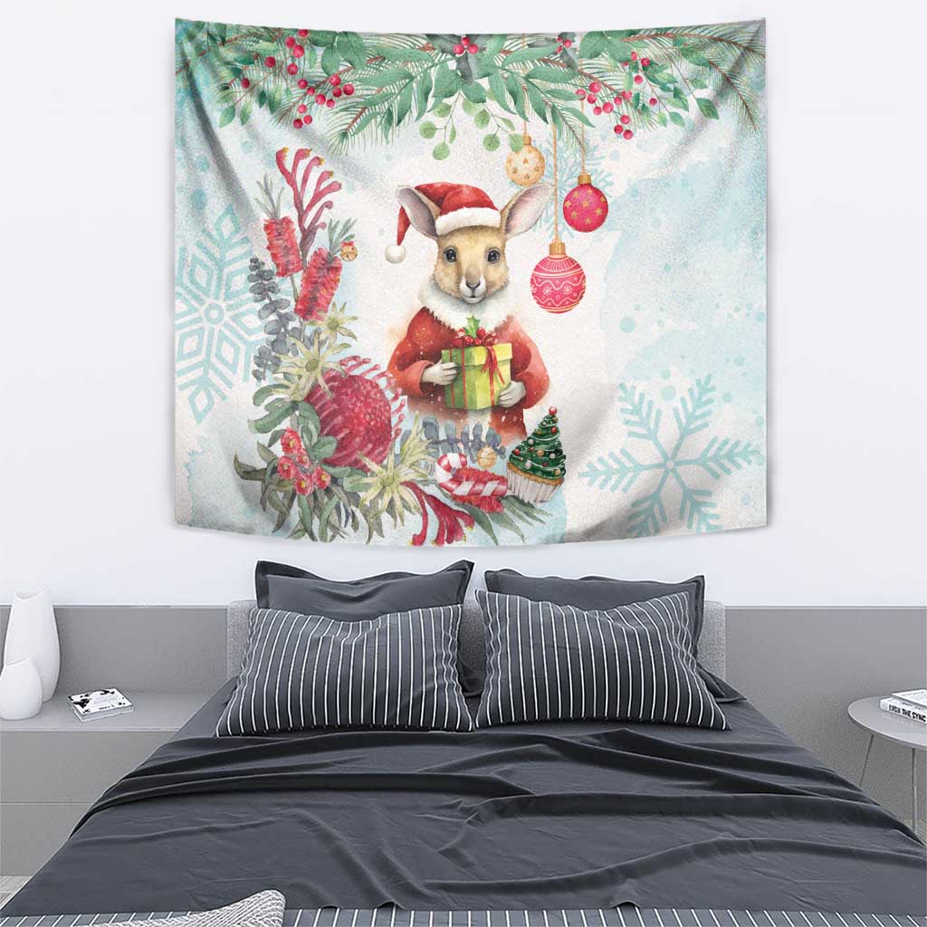 Australia Christmas Tapestry Kangaroo Santa With Aussie Flower - Watercolor
