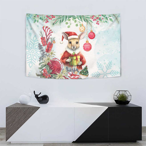 Australia Christmas Tapestry Kangaroo Santa With Aussie Flower - Watercolor