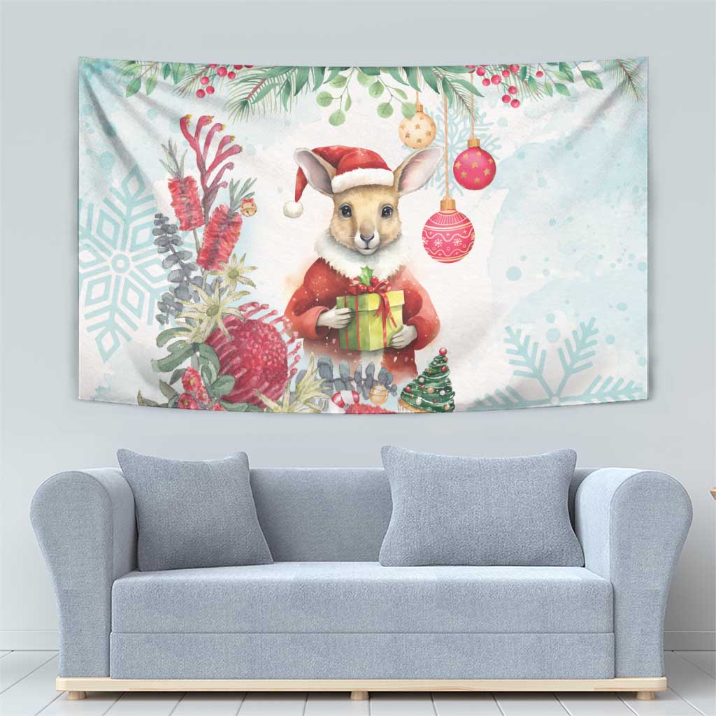 Australia Christmas Tapestry Kangaroo Santa With Aussie Flower - Watercolor