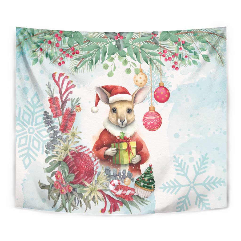 Australia Christmas Tapestry Kangaroo Santa With Aussie Flower - Watercolor