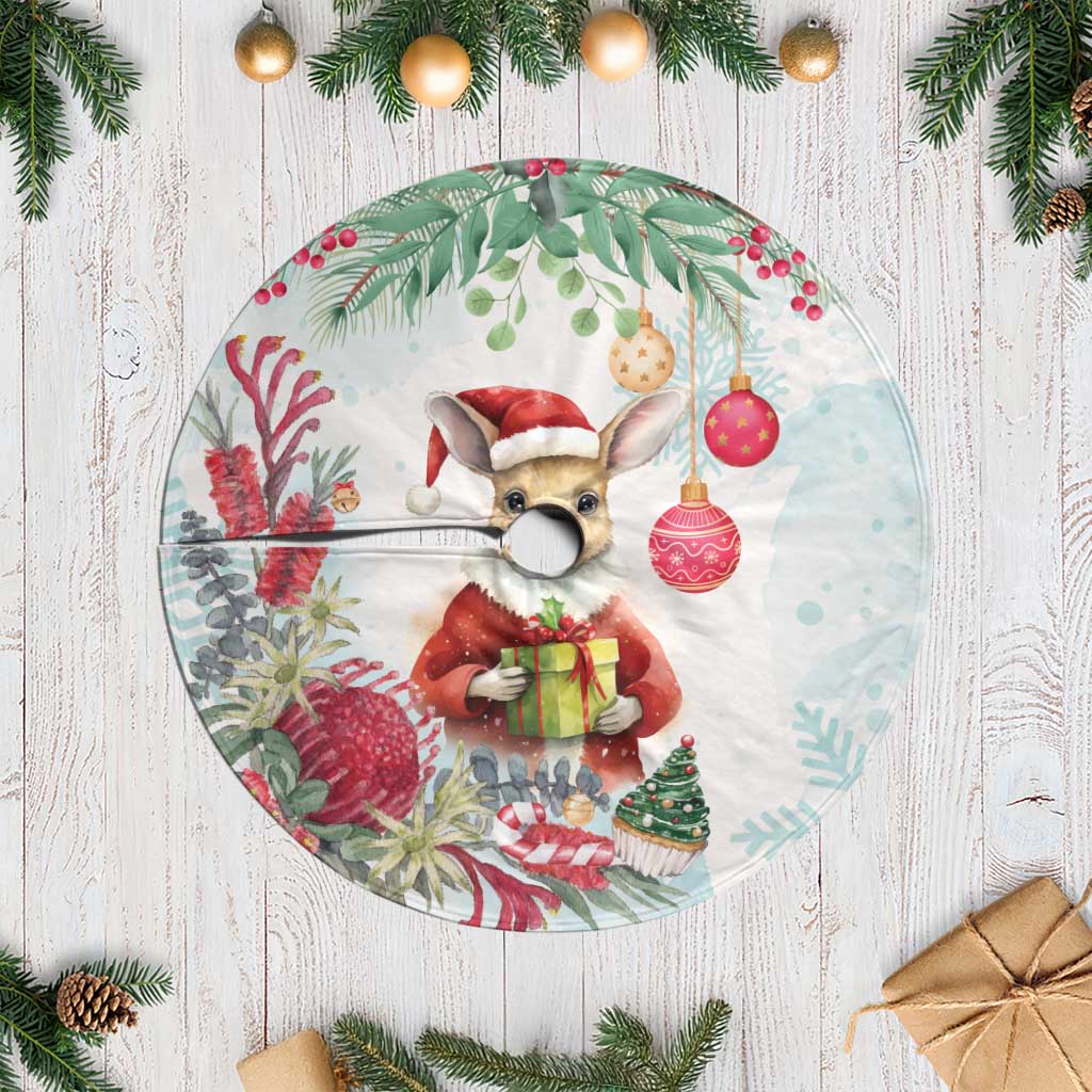 Australia Christmas Tree Skirt Kangaroo Santa With Aussie Flower - Watercolor