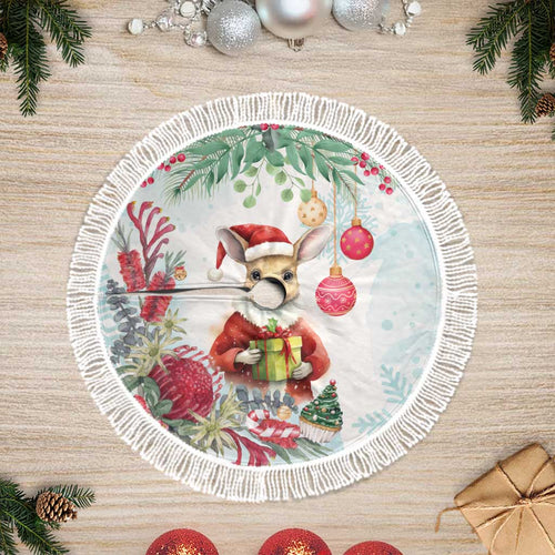 Australia Christmas Tree Skirt Kangaroo Santa With Aussie Flower - Watercolor