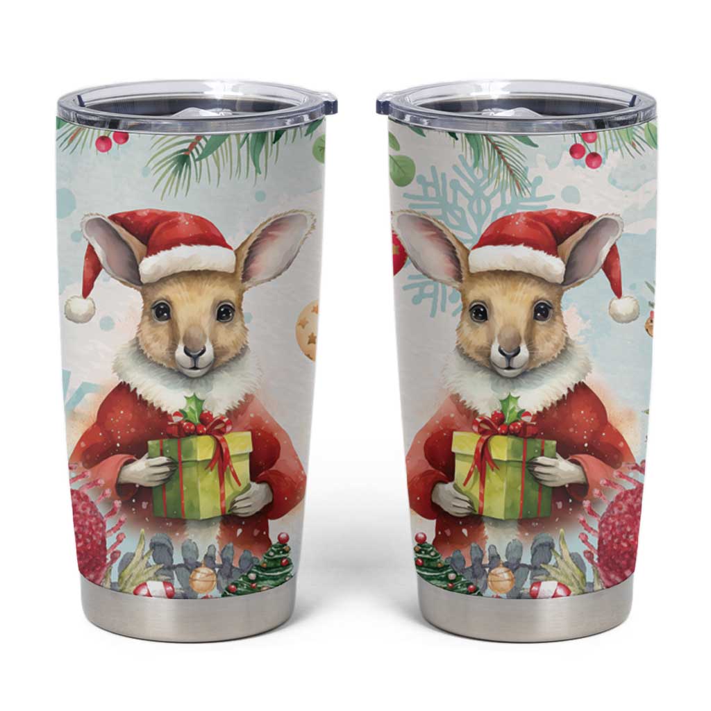 Australia Christmas Tumbler Cup Kangaroo Santa With Aussie Flower - Watercolor