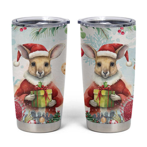Australia Christmas Tumbler Cup Kangaroo Santa With Aussie Flower - Watercolor