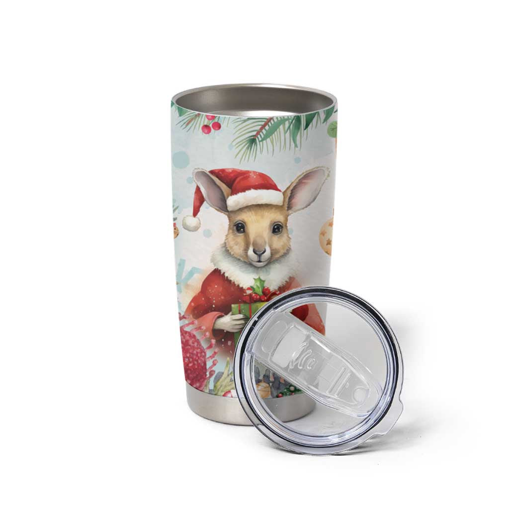 Australia Christmas Tumbler Cup Kangaroo Santa With Aussie Flower - Watercolor