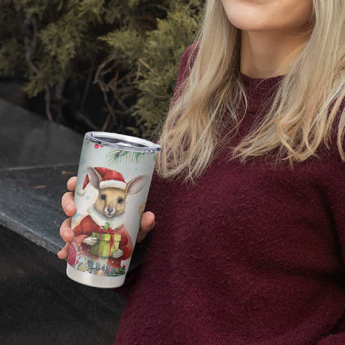 Australia Christmas Tumbler Cup Kangaroo Santa With Aussie Flower - Watercolor