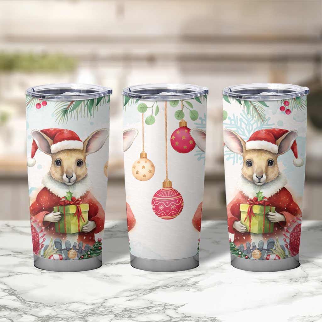 Australia Christmas Tumbler Cup Kangaroo Santa With Aussie Flower - Watercolor