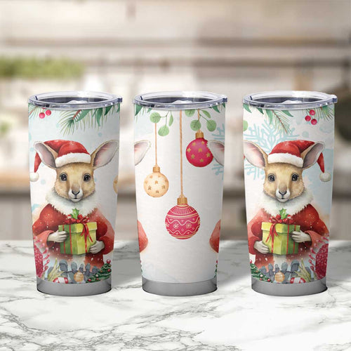 Australia Christmas Tumbler Cup Kangaroo Santa With Aussie Flower - Watercolor
