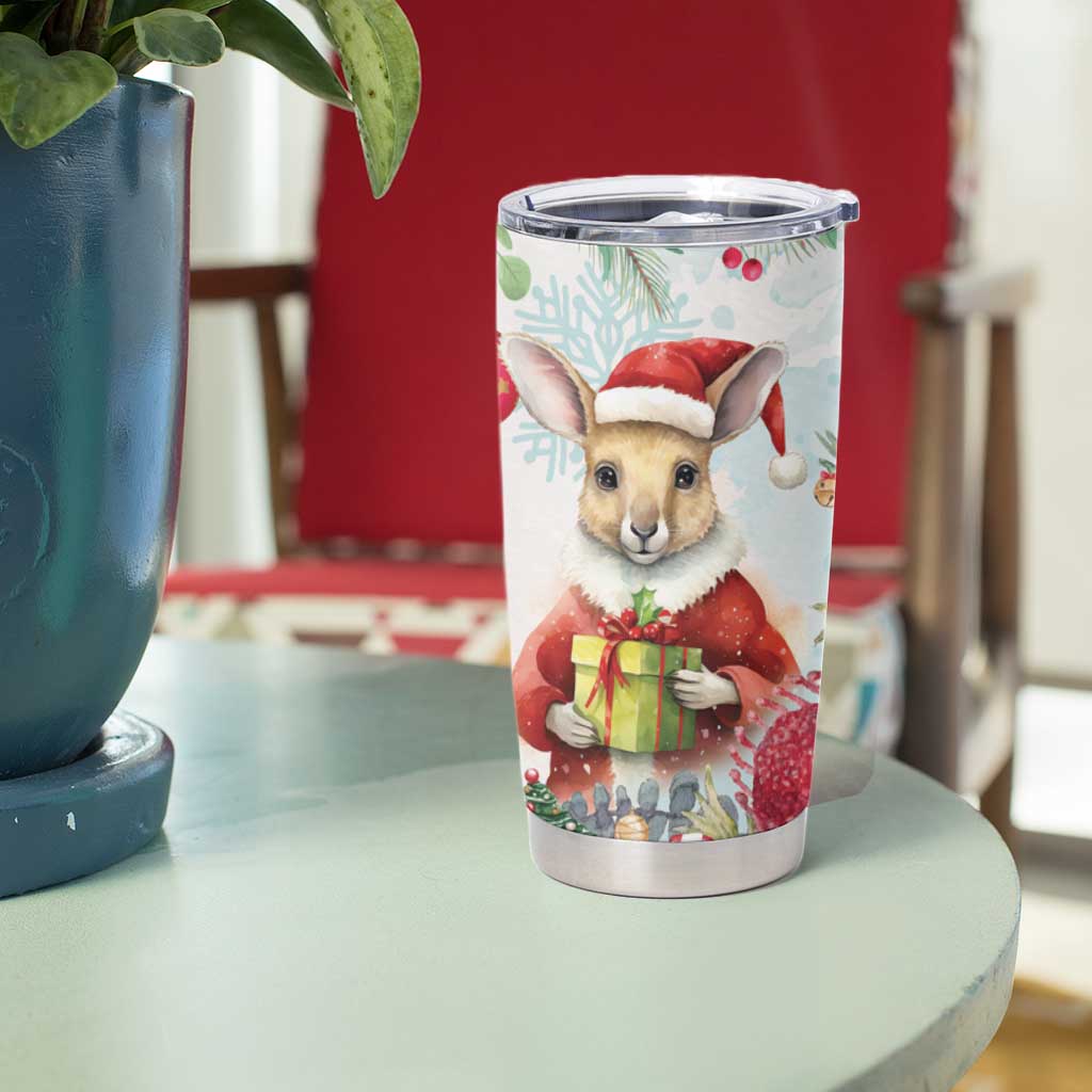 Australia Christmas Tumbler Cup Kangaroo Santa With Aussie Flower - Watercolor
