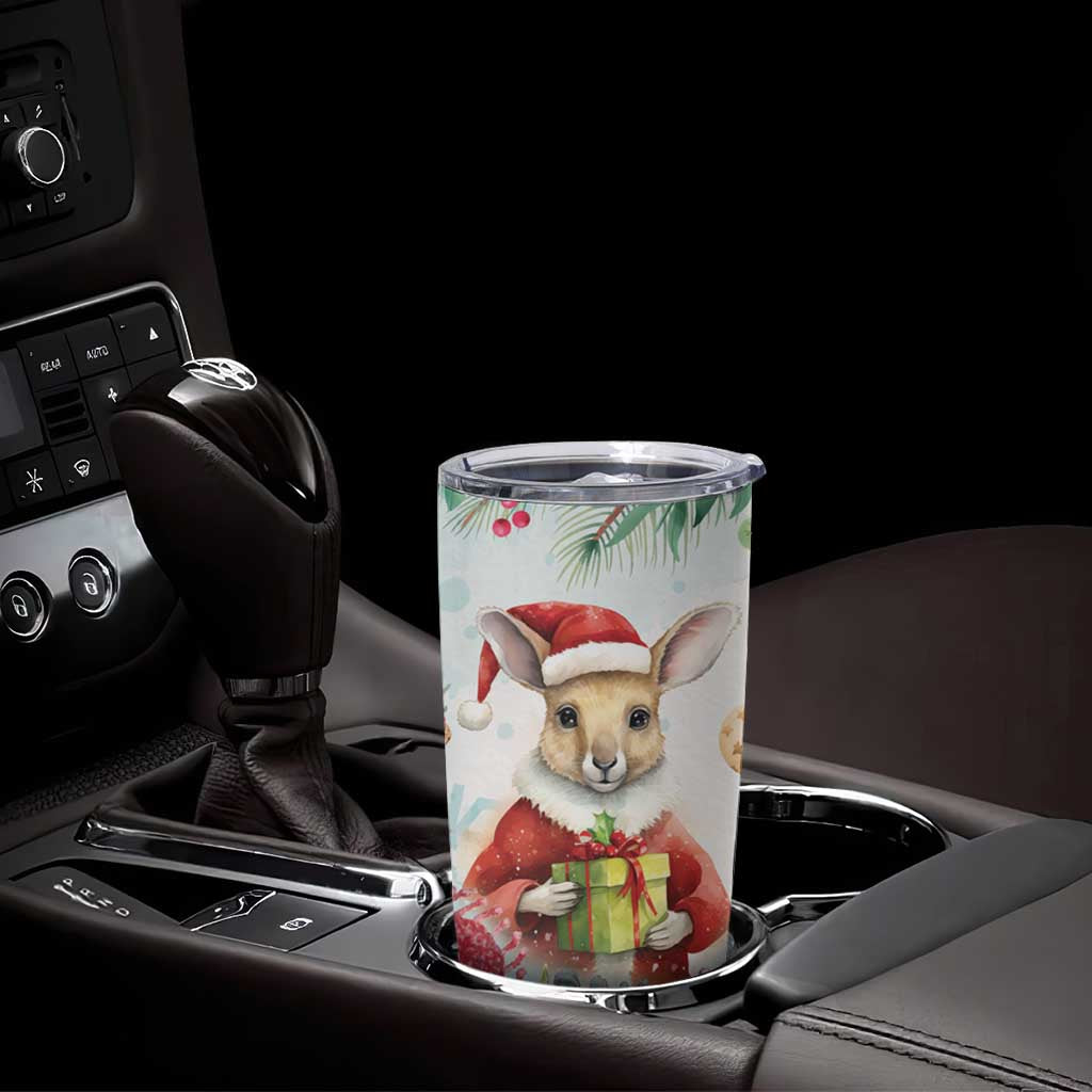 Australia Christmas Tumbler Cup Kangaroo Santa With Aussie Flower - Watercolor