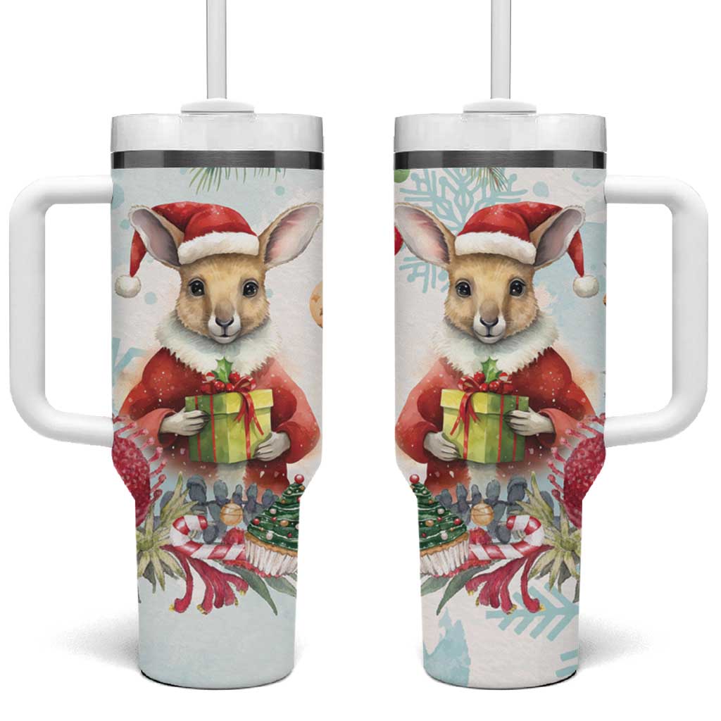 Australia Christmas Tumbler With Handle Kangaroo Santa With Aussie Flower - Watercolor