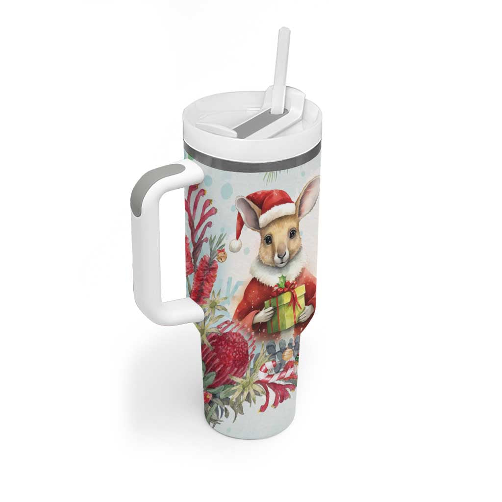 Australia Christmas Tumbler With Handle Kangaroo Santa With Aussie Flower - Watercolor