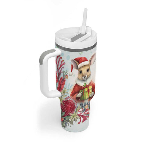 Australia Christmas Tumbler With Handle Kangaroo Santa With Aussie Flower - Watercolor