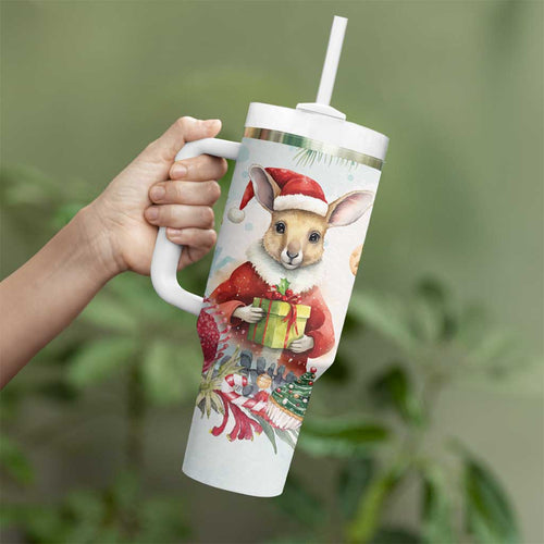 Australia Christmas Tumbler With Handle Kangaroo Santa With Aussie Flower - Watercolor