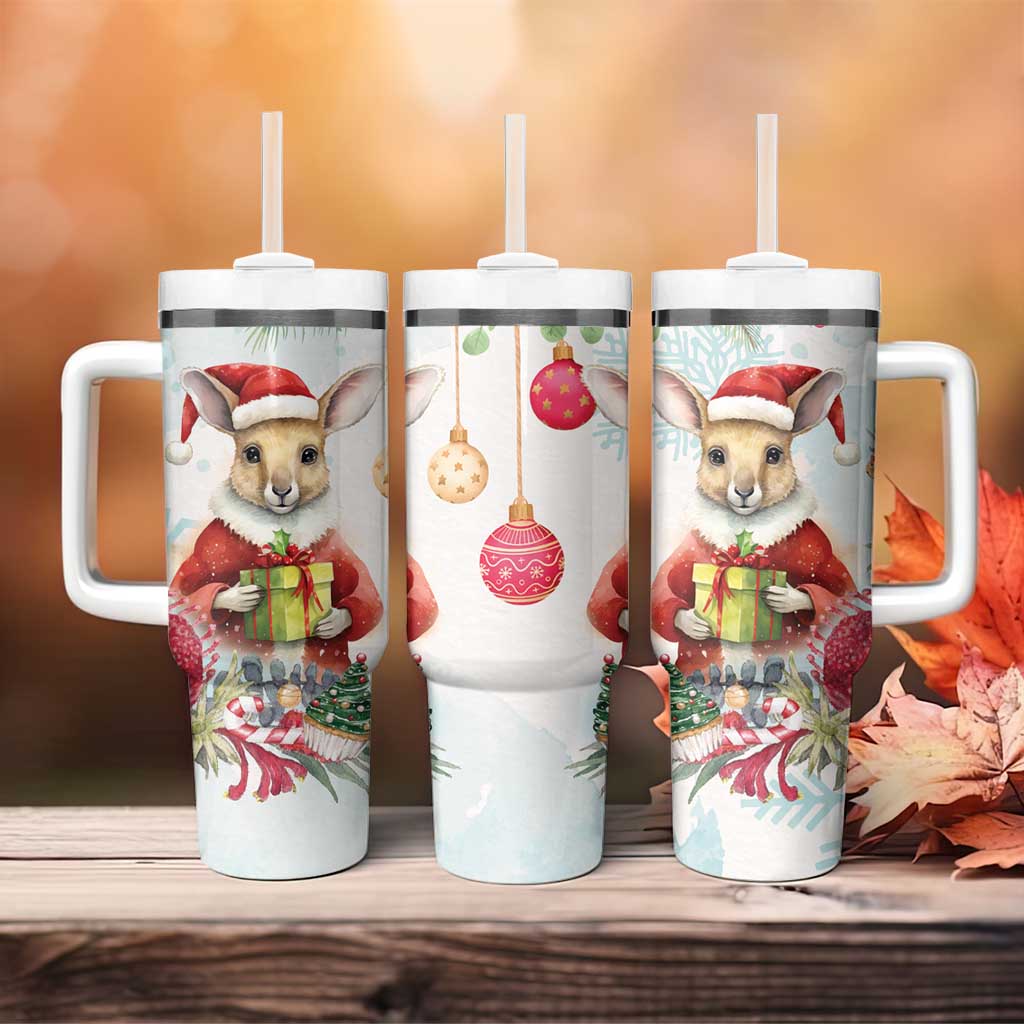 Australia Christmas Tumbler With Handle Kangaroo Santa With Aussie Flower - Watercolor