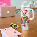 Australia Christmas Tumbler With Handle Kangaroo Santa With Aussie Flower - Watercolor