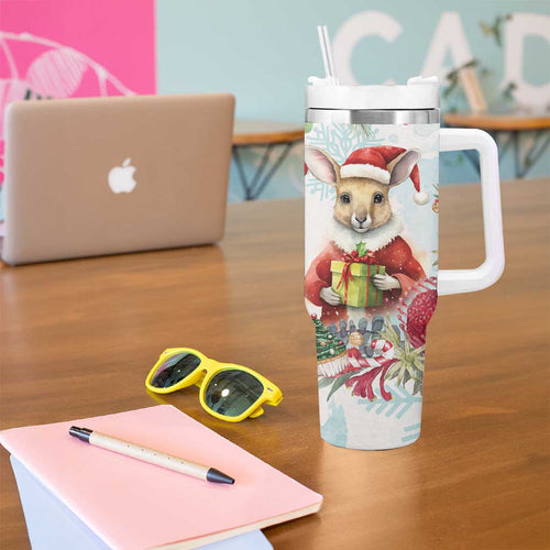 Australia Christmas Tumbler With Handle Kangaroo Santa With Aussie Flower - Watercolor