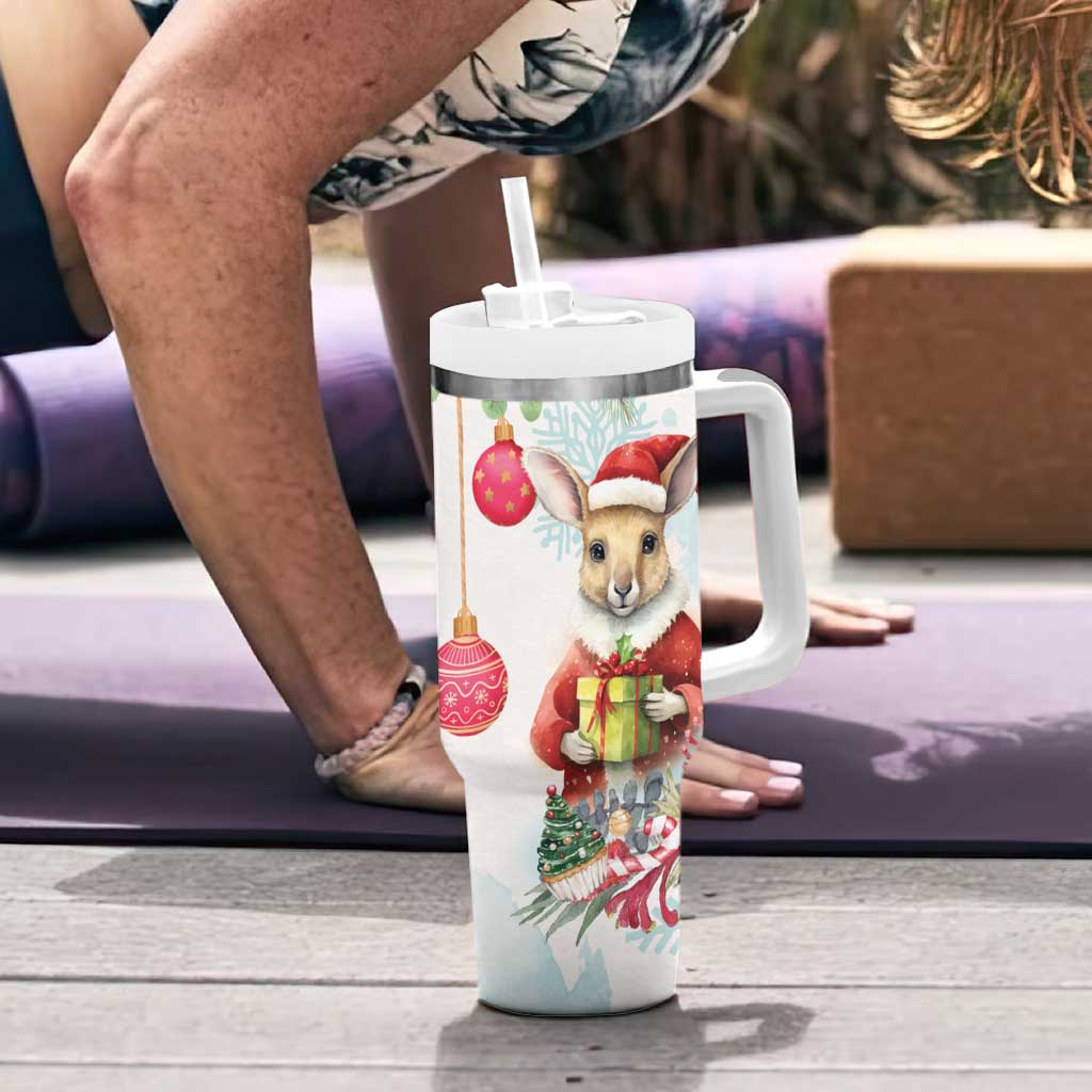 Australia Christmas Tumbler With Handle Kangaroo Santa With Aussie Flower - Watercolor