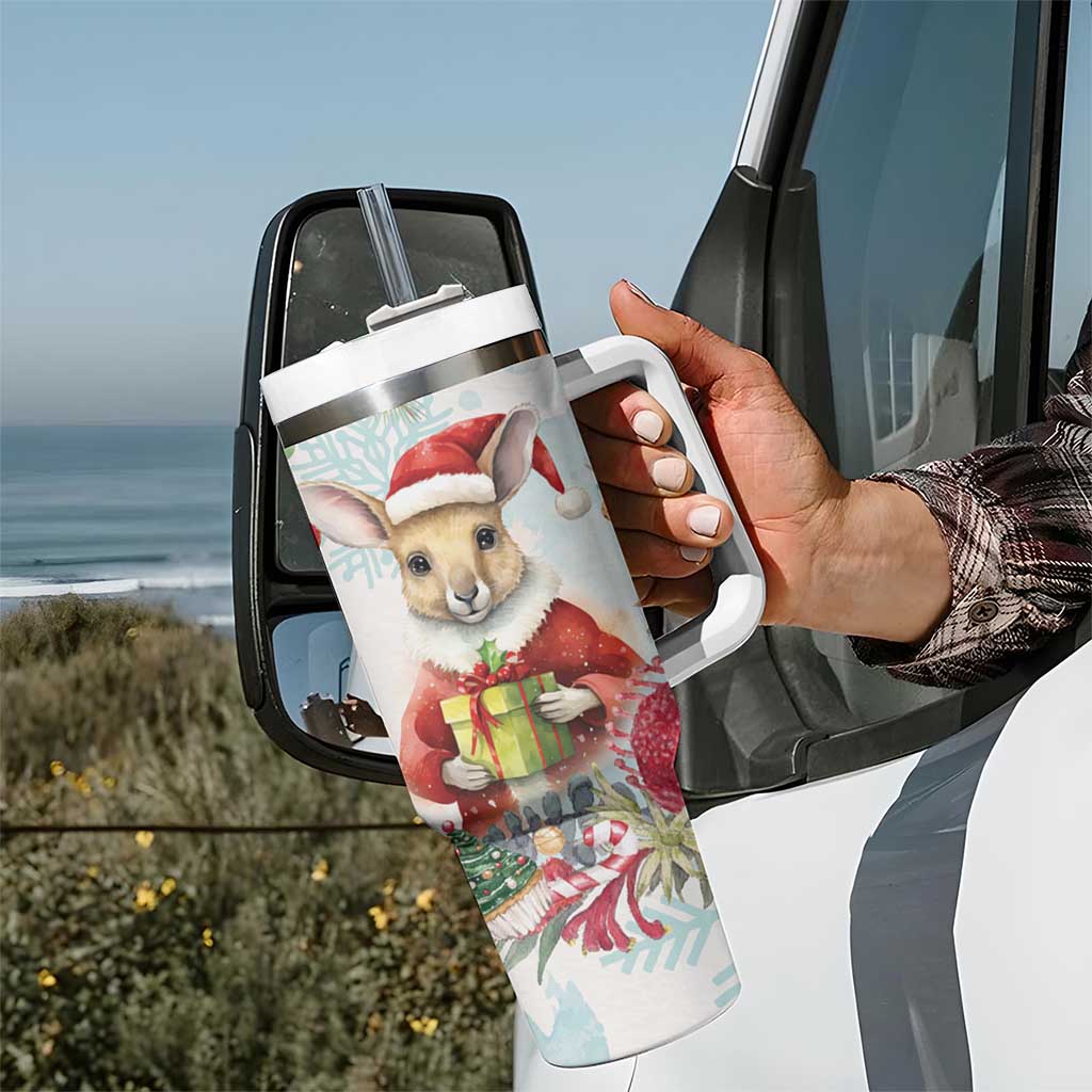 Australia Christmas Tumbler With Handle Kangaroo Santa With Aussie Flower - Watercolor