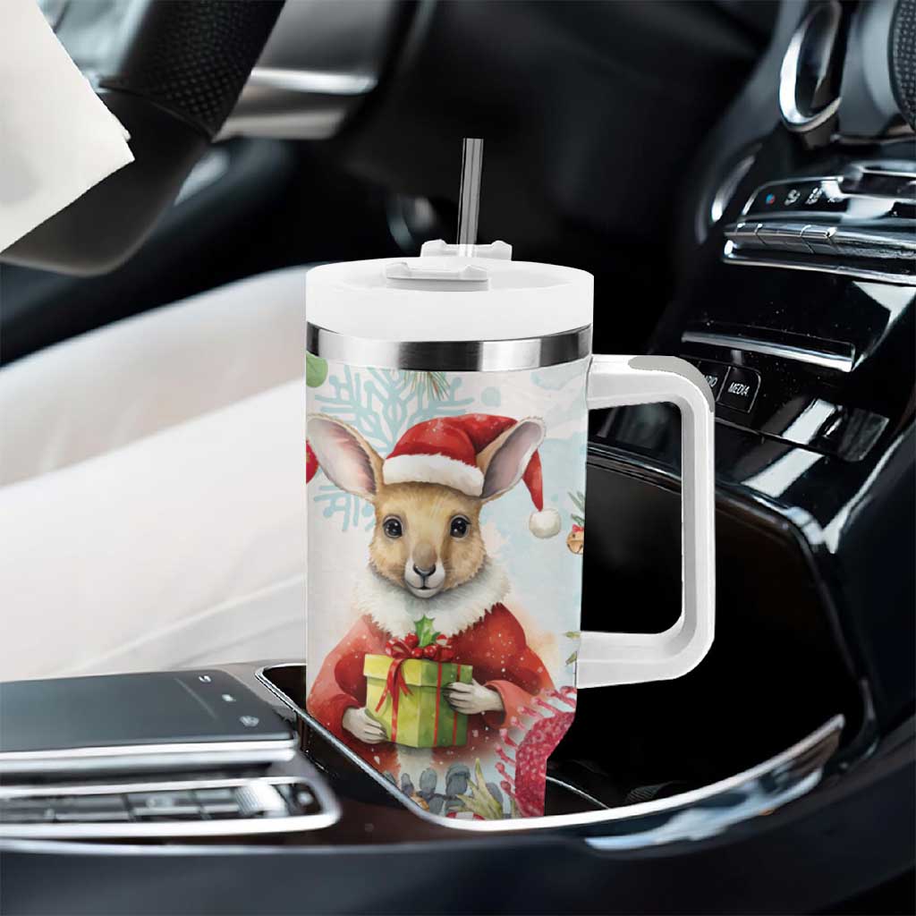 Australia Christmas Tumbler With Handle Kangaroo Santa With Aussie Flower - Watercolor