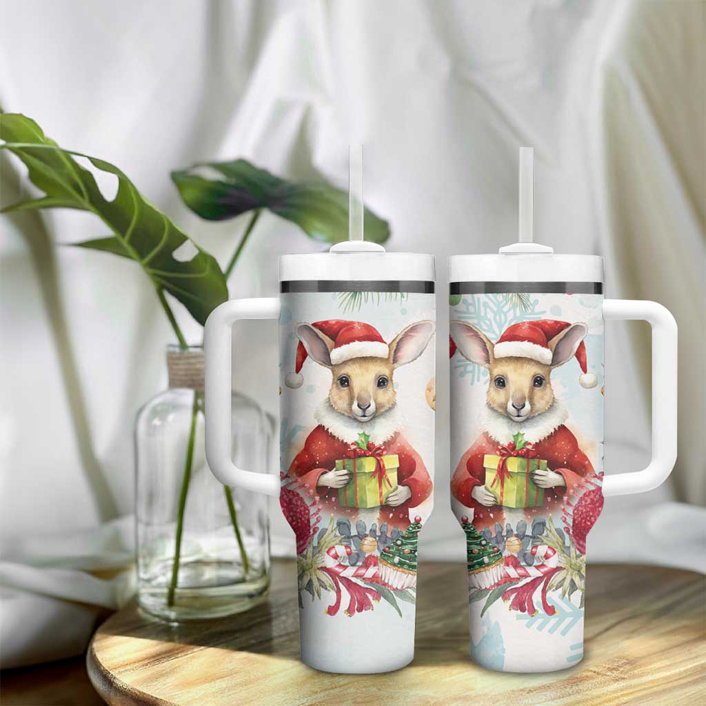 Australia Christmas Tumbler With Handle Kangaroo Santa With Aussie Flower - Watercolor