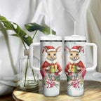 Australia Christmas Tumbler With Handle Kangaroo Santa With Aussie Flower - Watercolor
