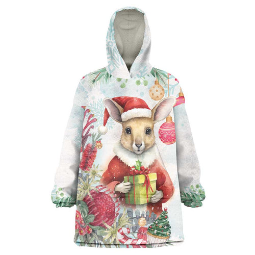 Australia Christmas Wearable Blanket Hoodie Kangaroo Santa With Aussie Flower - Watercolor
