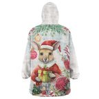 Australia Christmas Wearable Blanket Hoodie Kangaroo Santa With Aussie Flower - Watercolor