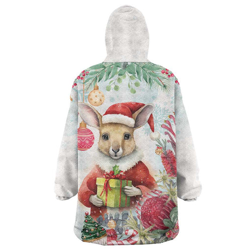 Australia Christmas Wearable Blanket Hoodie Kangaroo Santa With Aussie Flower - Watercolor