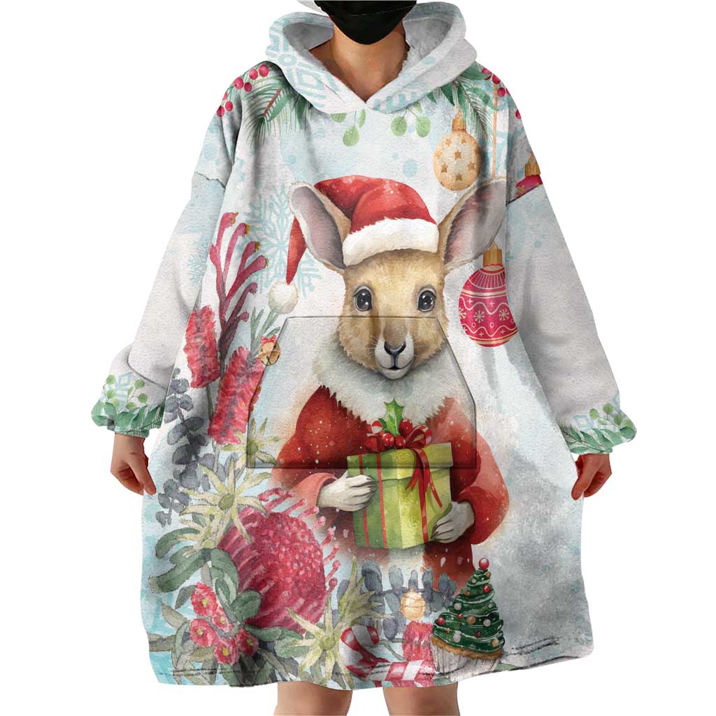 Australia Christmas Wearable Blanket Hoodie Kangaroo Santa With Aussie Flower - Watercolor