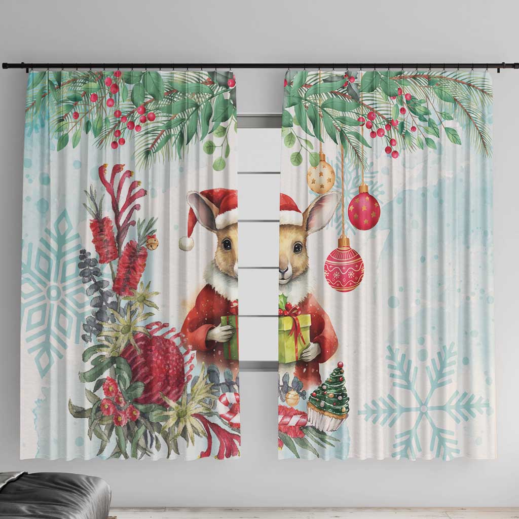 Australia Christmas Window Curtain Kangaroo Santa With Aussie Flower - Watercolor