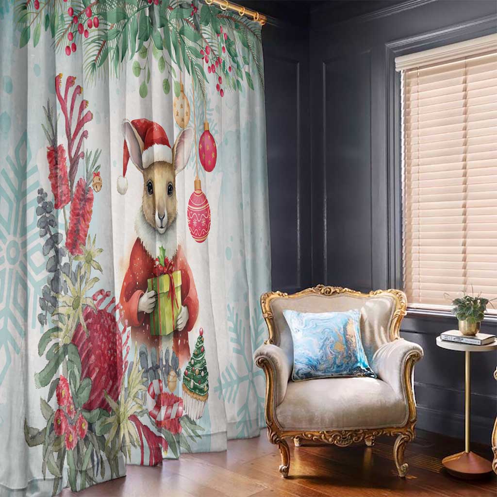 Australia Christmas Window Curtain Kangaroo Santa With Aussie Flower - Watercolor