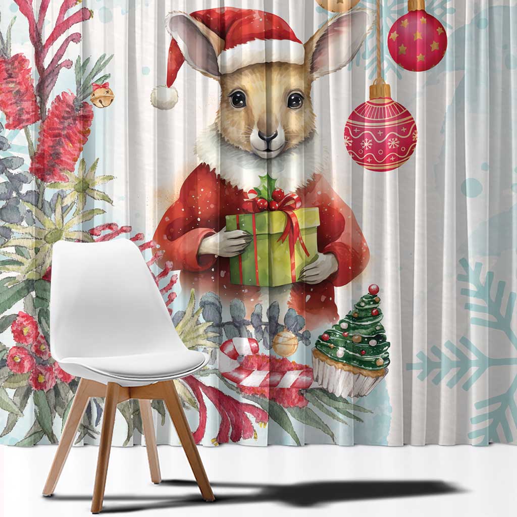 Australia Christmas Window Curtain Kangaroo Santa With Aussie Flower - Watercolor