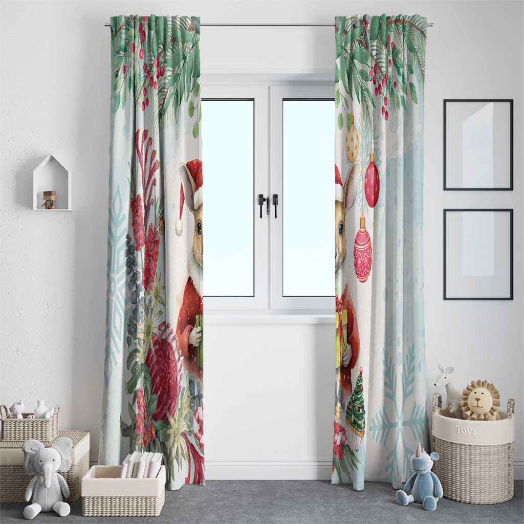 Australia Christmas Window Curtain Kangaroo Santa With Aussie Flower - Watercolor