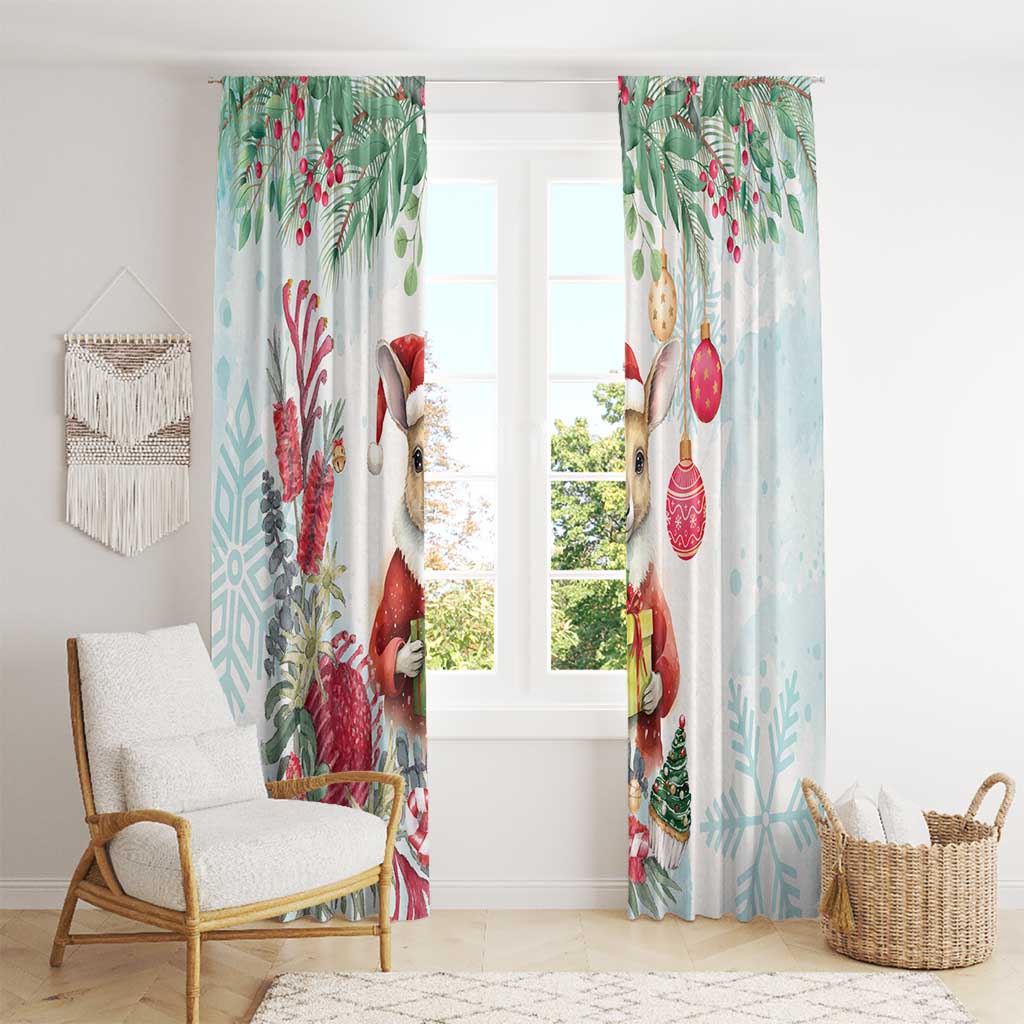 Australia Christmas Window Curtain Kangaroo Santa With Aussie Flower - Watercolor