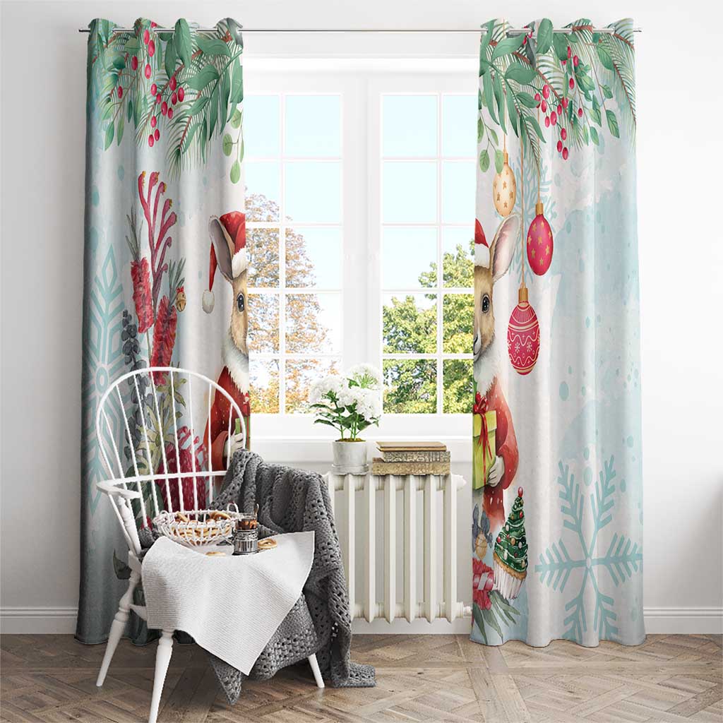 Australia Christmas Window Curtain Kangaroo Santa With Aussie Flower - Watercolor