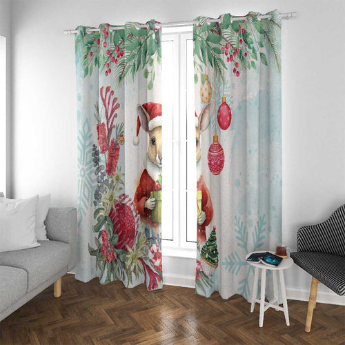 Australia Christmas Window Curtain Kangaroo Santa With Aussie Flower - Watercolor
