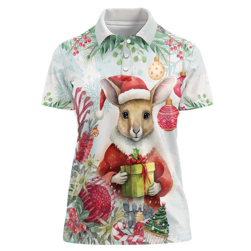 Australia Christmas Women Polo Shirt Kangaroo Santa With Aussie Flower - Watercolor