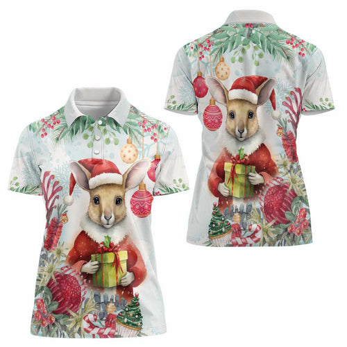 Australia Christmas Women Polo Shirt Kangaroo Santa With Aussie Flower - Watercolor