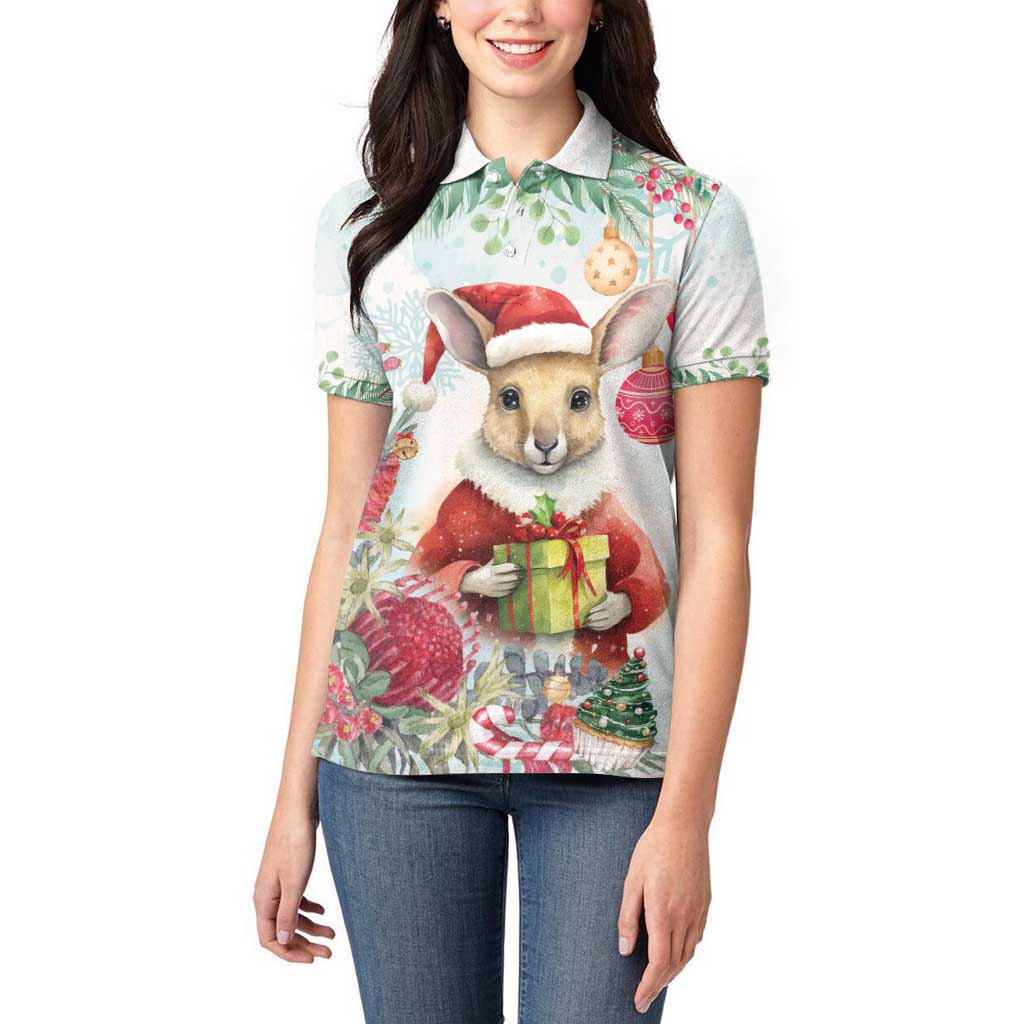 Australia Christmas Women Polo Shirt Kangaroo Santa With Aussie Flower - Watercolor