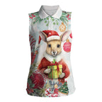 Australia Christmas Women Sleeveless Polo Shirt Kangaroo Santa With Aussie Flower - Watercolor