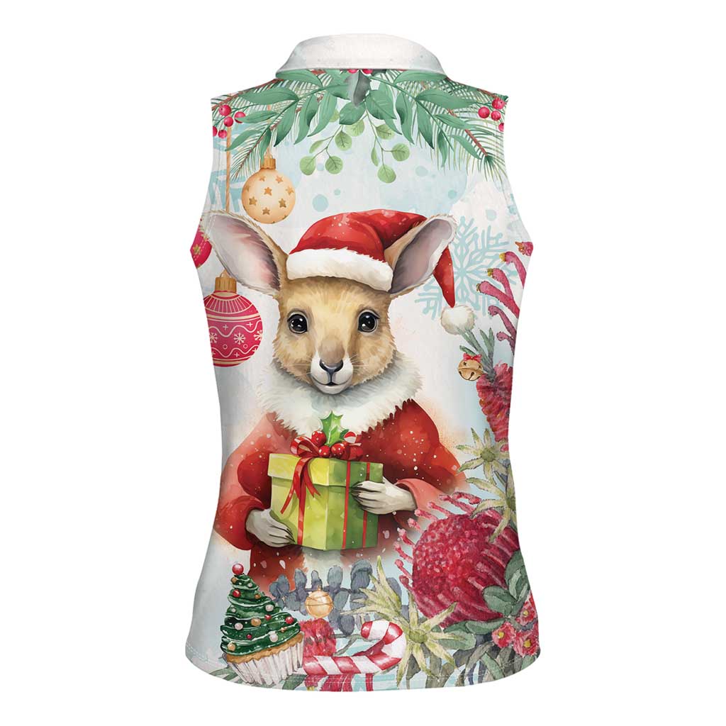 Australia Christmas Women Sleeveless Polo Shirt Kangaroo Santa With Aussie Flower - Watercolor